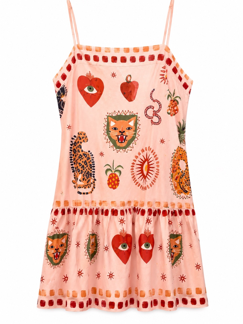 SHEIN Pink Mediterranean Print Sundress Tiger Heart Eye Mini Dress